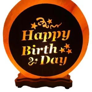 Himalayan Handmade Salt lamp with Modern wood work display Happy Birthday
