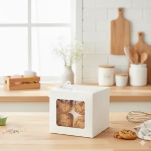 4 Cavity Hole White Plain Cup Cake Box with Clear Window on top
