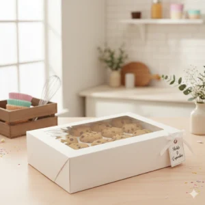 12 Hole Cupcake Box with Clear Window | White Cardboard Cupcake Packaging for Bakers & Home Bakeries